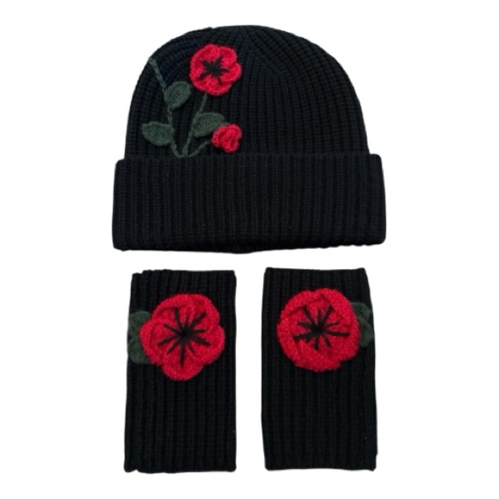 Kate Spade Black Knit Hats Off Collection Beanie and Fingerless Gloves Poppy